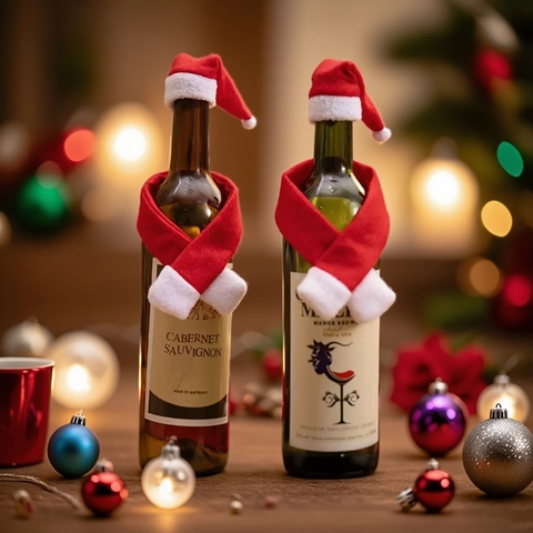 Décoration De Bouteille De Vin De Noël Mini Chapeau Et Écharpe Rouge Blanc Tissu Non Tissé Ornement De Table
