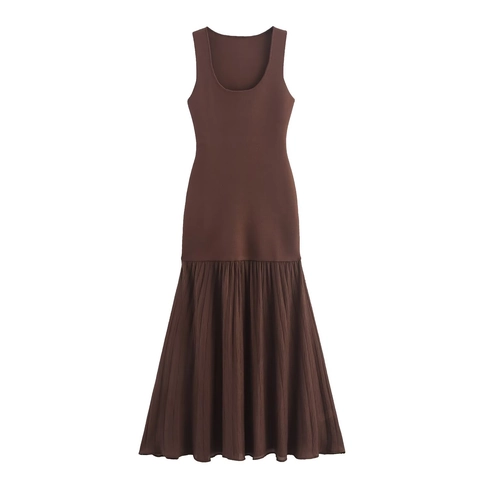 Sleeveless Knitted Spliced Maxi Dress U-Neck Pleated Hem Solid Color Elegant Slim Fit Women Long Vest Dress