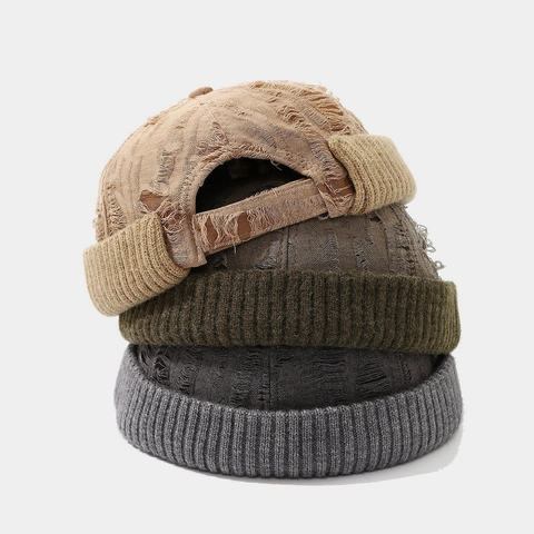 Vintage Distressed Docker Hat Men Women Ripped Brimless Miki Hat Retro Polyester Knitted Skullcap Streetwear