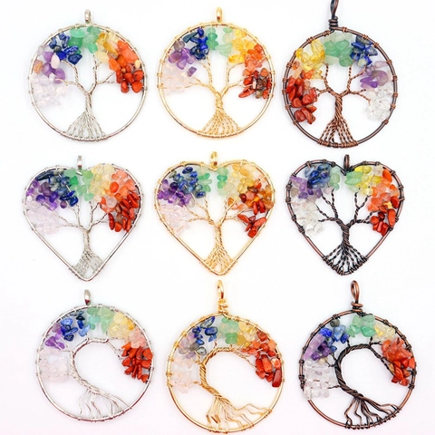 Tree Of Life Pendant Necklace Natural Crystal Stone Chips Copper Wire Wrapped Handmade Round Heart Shape Healing Jewelry