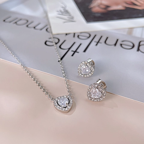 Conjunto De Collar Y Pendientes De Corazón Acero Inoxidable Circonita Cúbica Diseño Halo Joyería Elegante Romántica Para Mujer Regalo