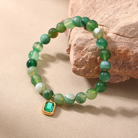 Bracciale In Perle Di Agata Naturale Per Donna Elegante Ciondolo Rettangolare In Pietra Acciaio Inossidabile Elastico