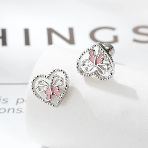 Heart Pink Butterfly Ear Cartilage Stud Earrings Titanium Steel Copper Zircon Enamel Screw Back Piercing Jewelry