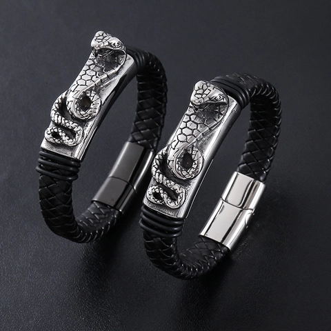 Pulsera De Cobra Para Hombre Acero Inoxidable 304 Cuero Trenzado Negro Con Cierre Magnético Joyería Punk Vintage