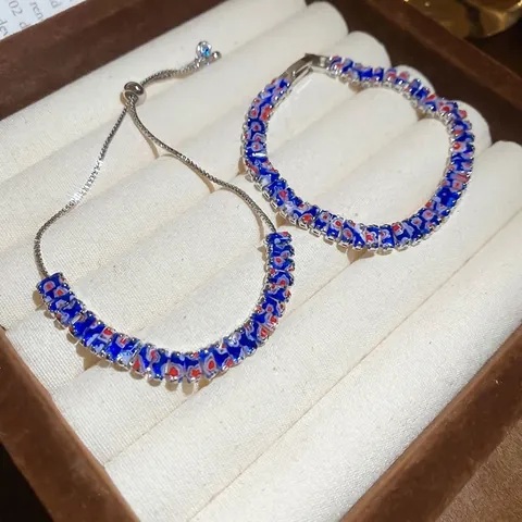 Square Spliced Adjustable Bracelet Silver Tone Blue Red White Floral Pattern Glass Crystal Zircon Retro Bohemian Jewelry