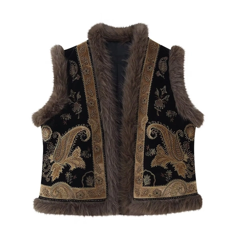 Women Velvet Vest Faux Fur Trim Beaded Embroidery Paisley Ethnic Vintage Sleeveless Outerwear