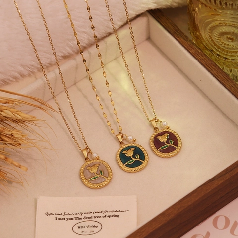 Vintage Rose Pendant Necklace Stainless Steel Clavicle Chain Enamel Artificial Pearl French Retro Flower Jewelry For Women