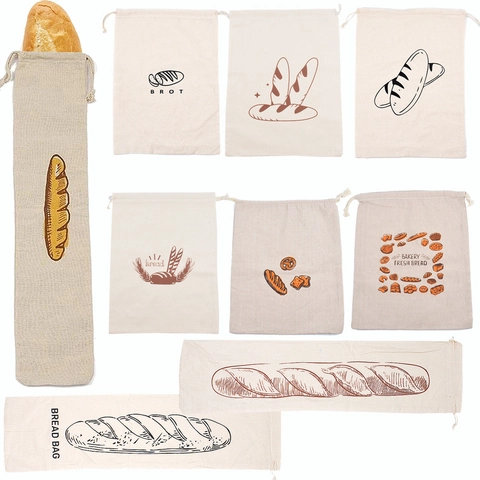 Reusable Linen Cotton Bread Storage Bags Baguette Drawstring Bag For Homemade Bread Bakery Fresh Storage
