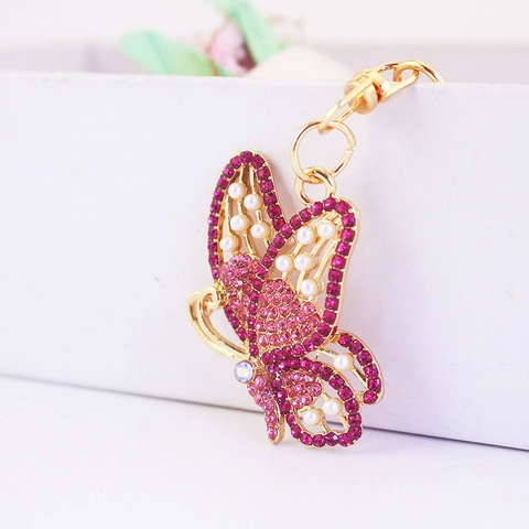 Butterfly Keychain Zinc Alloy Rhinestone Faux Artificial Pearl Gold Tone Bag Charm Pendant Car Keyring Gift For Women