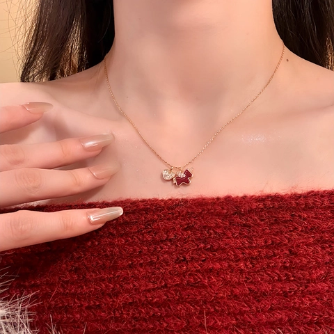 Halskette Kupfer Echtgold Vergoldet Damen Rot Emaille Pony Herz Doppelanhänger Zirkon Elegant Schlüsselbein Kette Schmuck
