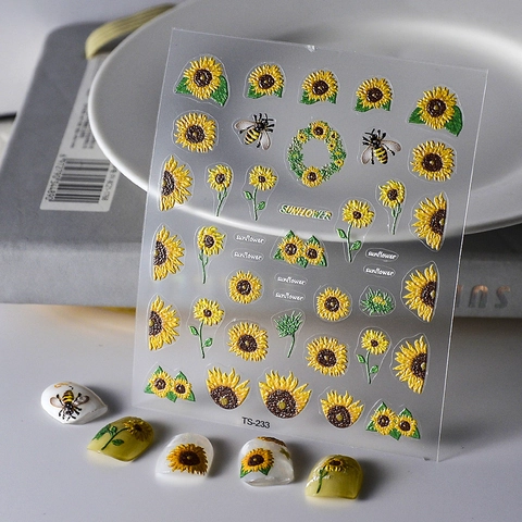 Nail Stickers 5D Relief Waterproof Self-Adhesive Daisy Sunflower Butterfly Designs DIY Manicure Decoration For Women Floral