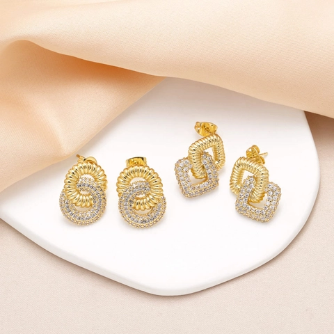 Pendientes Geométricos Entrelazados De Varias Capas Cobre Chapado En Oro Circonita Diseño Cuerda Trenzada Mujeres