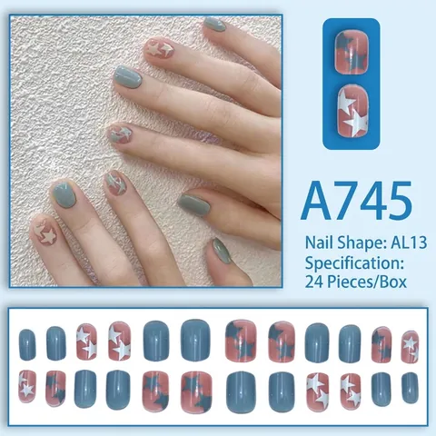 Star Pattern Press On Nails Plastic Blue Pink Cute Short Style Sweet False Nails With Glue