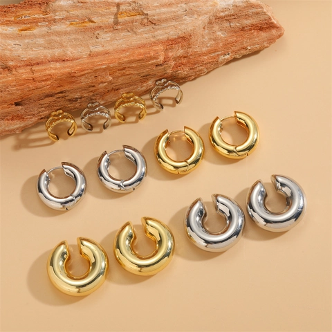 Orecchini A Cerchio Spessi In Rame E Ear Cuff A Forma Di C Design A Cuore Geometrico Minimalista Placcato Oro 14K Per Donna