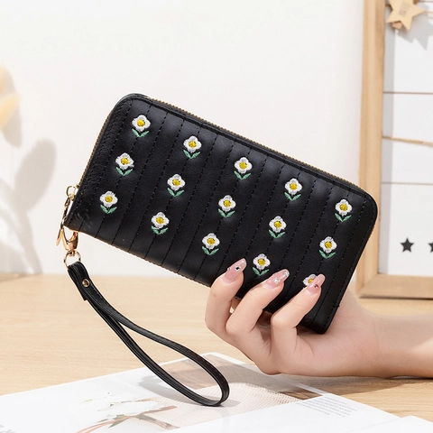 Damen Geldbörse Lang PU Leder Gänseblümchen Stickerei Reißverschluss Clutch Kartenfächer Handgelenktasche Elegant