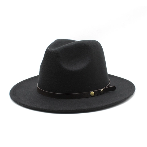 Fedora Hat Vintage Wool Felt Wide Flat Brim With Faux Leather Belt Rivet Decor Unisex Jazz Cap
