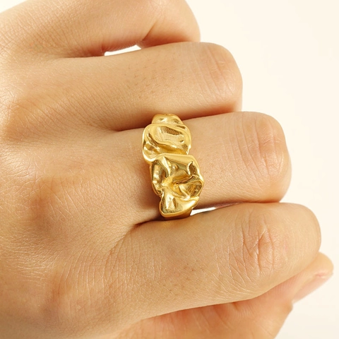 Anillo De Lava Irregular Acero Inoxidable Chapado En Oro De 18K Textura Arrugada Minimalista Ajustable Joyería Para Mujeres Hombres