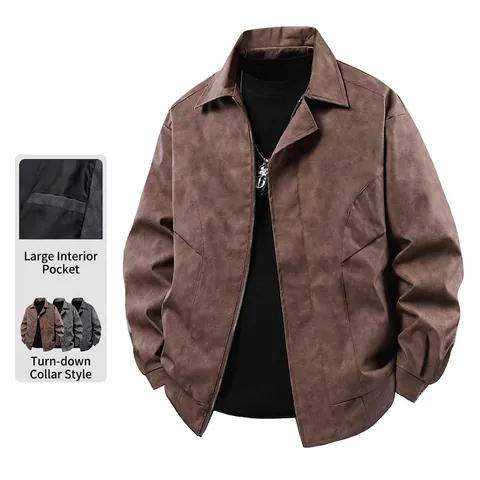 Giacca Casual Uomo Pelle Sintetica Invecchiata Antivento Colletto Rovesciato Cerniera Moda High Street Colore Solido