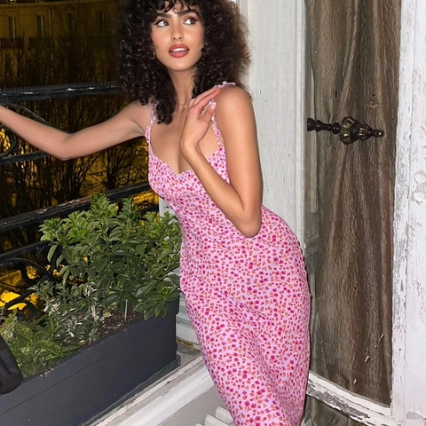 Women Floral Midi Dress Ruffle Straps Ruched Bust Slim Fit Bohemian Summer Vacation Pink Polyester Spandex