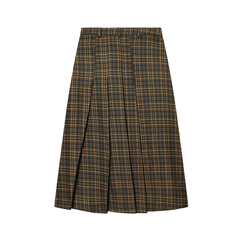 Plaid A-Line Midi Skirt Polyester Button Decor High Waist Pleated Retro British Style For Women