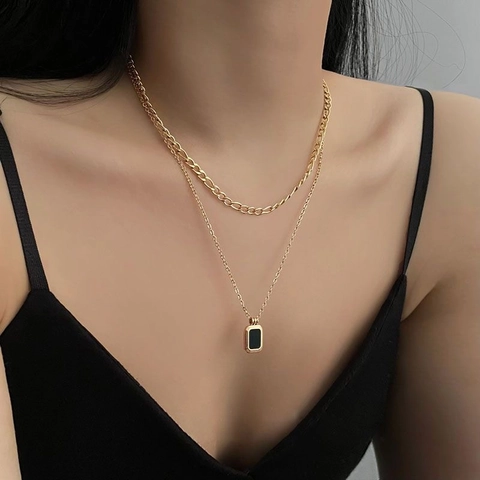 Double Layered Necklace Stainless Steel Gold Plated Rectangular Black Pendant Square Tag Minimalist Chic Jewelry For Women