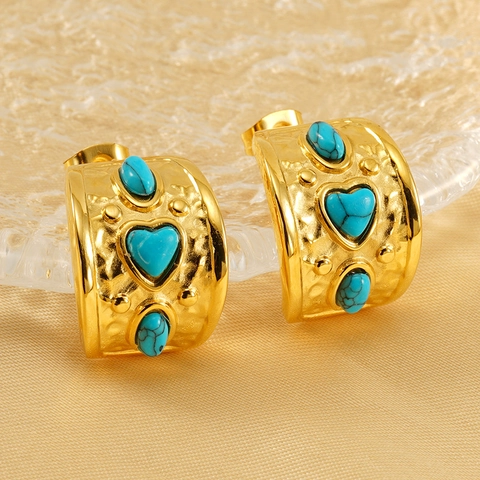 C Shaped Hoop Earrings Women 18K Gold Plated Stainless Steel Heart Turquoise Stone Hammered Texture Retro Bohemian Style