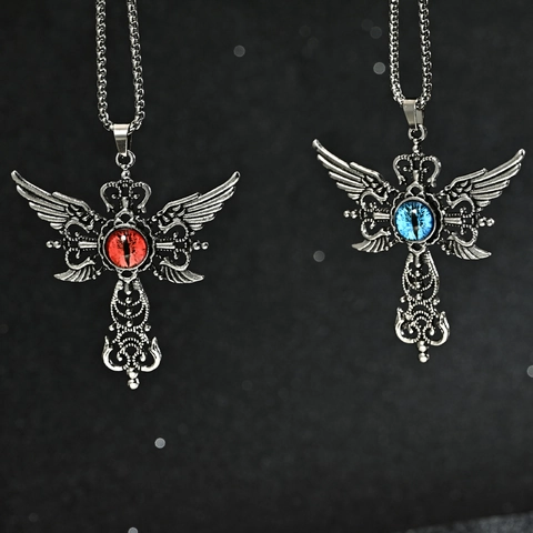 Gothic Cross Wings Necklace With Evil Eye Dragon Gemstone Zinc Alloy Punk Hip Hop Jewelry Pendant