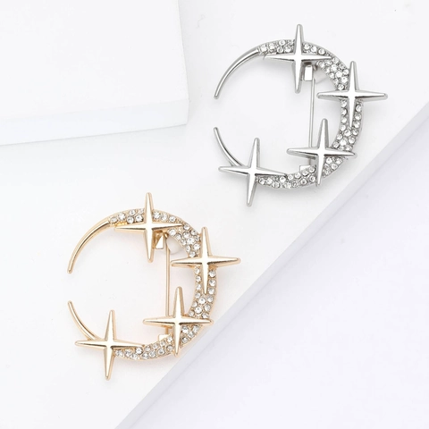 Broche Alliage Strass Croissant De Lune Étoiles Élégante Mode Épingle Pour Femmes Costume Manteau Bijoux Accessoire