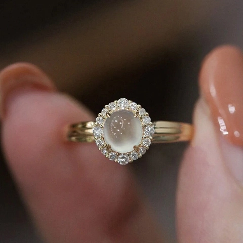 Ring Copper With Faux Moonstone And Cubic Zirconia Halo Gold Tone Palace Style For Women