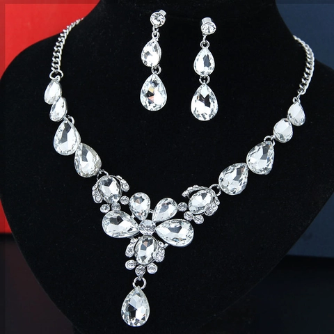 Elegante Legering Strass Glas Ketting En Oorbellen Peer Geslepen Waterdruppel Bruiloft Bruid Diner Feest Sieraden Voor Vrouwen