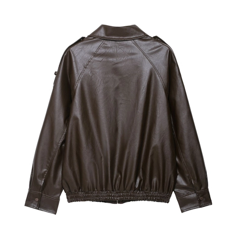Damen Bomberjacke Aus Kunstleder Braun PU Reißverschluss Elastischer Saum Lockerer Schnitt Streetwear Mode Oberbekleidung