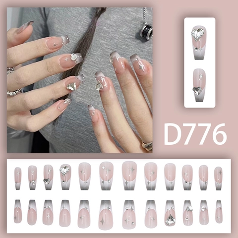 Faux Ongles French Dégradé Gris Avec Strass Cœur Motif Étoile Long Cercueil Ongles Pour Femmes À La Mode