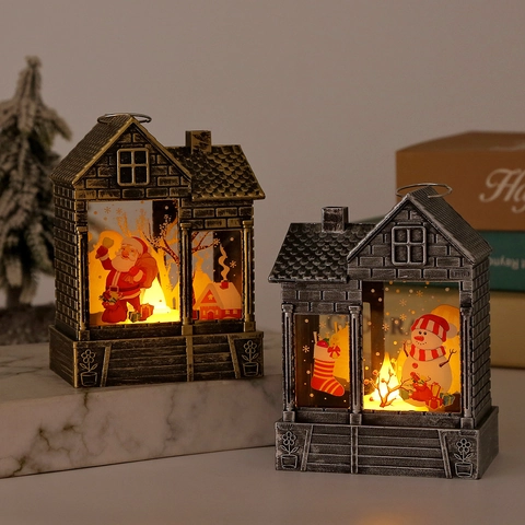 Weihnachts Leuchtendes Haus Laterne LED Nachtlicht Vintage Retro Tischdeko Weihnachtsmann Schneemann Muster Warmes Licht Kunststoff