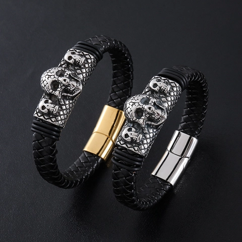 Pulsera De Cuero Trenzado Con Calavera De Acero Inoxidable 304 Punk Hip Hop Gótico Cierre Magnético Joyería Para Hombre