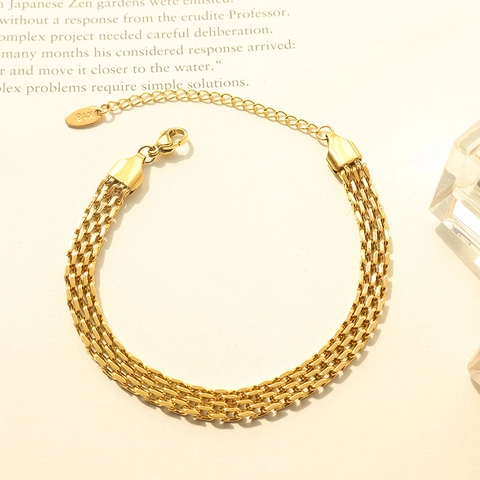 Pulsera De Malla Tejida Para Mujer Acero Inoxidable Chapado En Oro 18K Cadena Trenzada Plana Ajustable Joyería Minimalista
