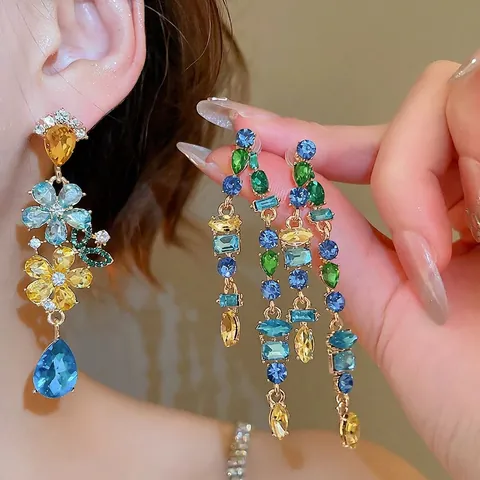 Bunte Blumen Wasserfall Hängeohrringe Für Damen Legierung Strass Mit 925 Sterling Silber Ohrring Post Vintage Stil