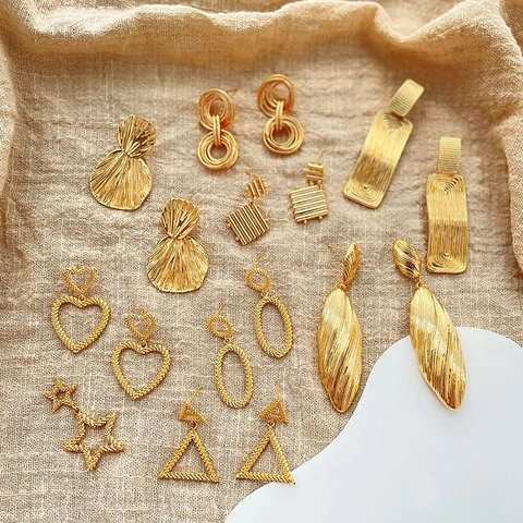 18K Verguld Koperen Hart Ster Geometrische Hanger Oorbellen Voor Vrouwen Mode Getextureerde Sieraden Cadeaus