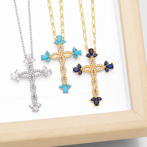 Collana Con Pendente A Croce Ottone Placcato Oro Zirconia Cubica Colorata Gioielli Di Moda Religiosa Per Donna