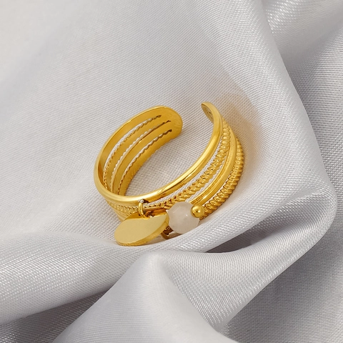 Anello Aperto Multistrato In Acciaio Inossidabile Placcato Oro 18K Con Pietra Naturale E Pendenti A Disco Tondo Per Donna