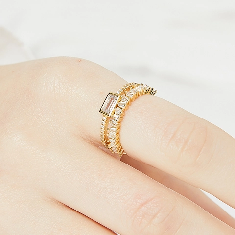 Bague Ouverte en Cuivre Géométrique Irrégulière à Double Couche Plaquée Or 18K Zirconia Rectangulaire Réglable Bague de Mode Bijoux pour Femmes