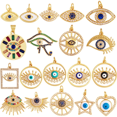 Evil Eye Anhänger Kupfer Vergoldet Zirkonia Emaille DIY Schmuckherstellung Charms Böhmisches Ethno Schutzamulett