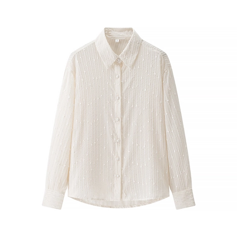 Women Long Sleeve Blouse Jacquard Textured Vertical Stripe Dotted Loose Casual Semi Open Collar Shirt