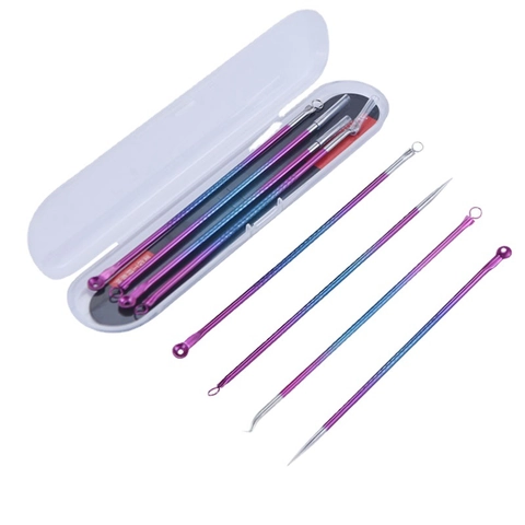 Professional Stainless Steel Blackhead Remover Tools Gradient Color Double Head Acne Needles Facial Blemish Extraction Kit With Plastic Storage Box