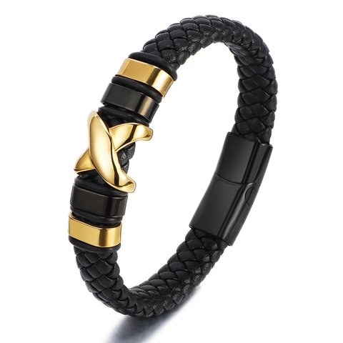 Pulsera Para Hombre De Cuero Trenzado Retro Con Dije De Letra X De Acero Inoxidable Y Cierre Magnético