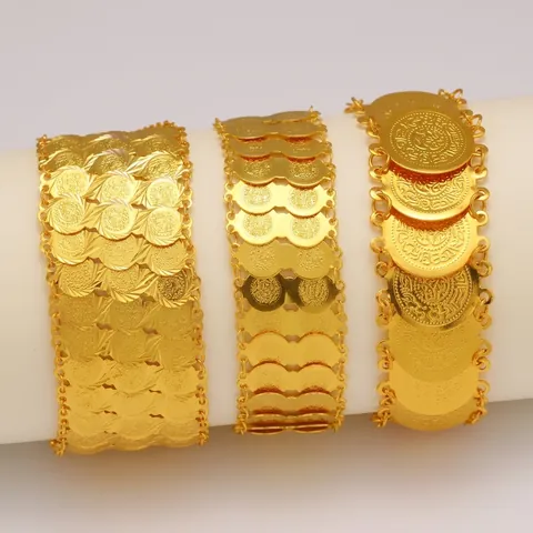 Bracciale Moneta Stile Dubai Rame Placcato Oro 24K File Multiple Gioielli Etnici Retro Per Donna Catena Con Cuore