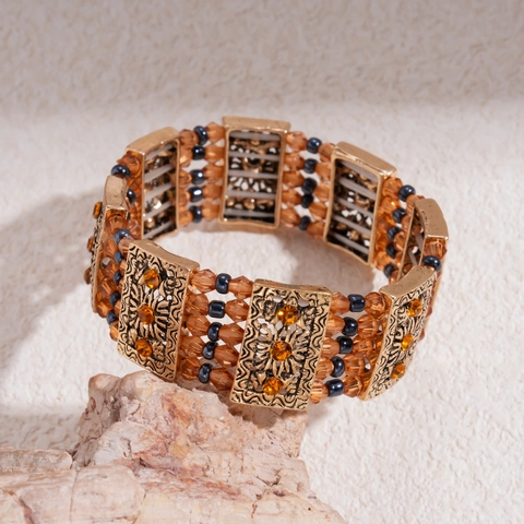 Vintage Gouden Legering Multi Layer Kralen Armband Set Amber Glas Kristal Etnische Bloem Snijwerk Elastische Sieraden