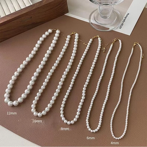 Elegant Glass Artificial Pearl Necklace For Women Minimalist French Style Round High Gloss Choker With Stainless Steel Clasp