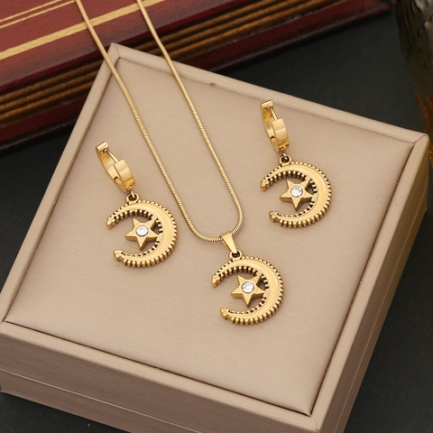 Collana E Orecchini In Acciaio Inossidabile Con Luna Stella E Strass Gioielli Celesti Dorati Per Donna