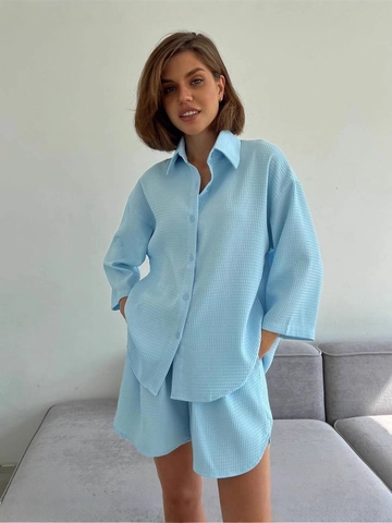 Women Loungewear Set Waffle Knit Long Sleeve Shirt And Shorts Loose Casual Home Wear Solid Color Versatile Comfort