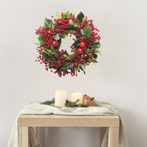 Weihnachts kranz Wandaufkleber PVC Dekal Mit Roten Beeren Kiefernzapfen Immergrünen Blättern Für Wohnzimmer Schlafzimmer Feiertags dekoration